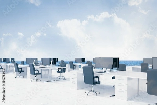 Obraz Flat design is showing open-plan office with white desks, black chairs, monitors, ocean view
