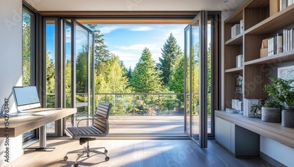 Fototapeta Modern home office with expansive forest view