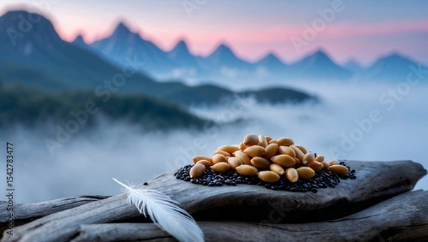 Fototapeta Pile of Acorns on Wood with Feather Misty Mountains Backdrop