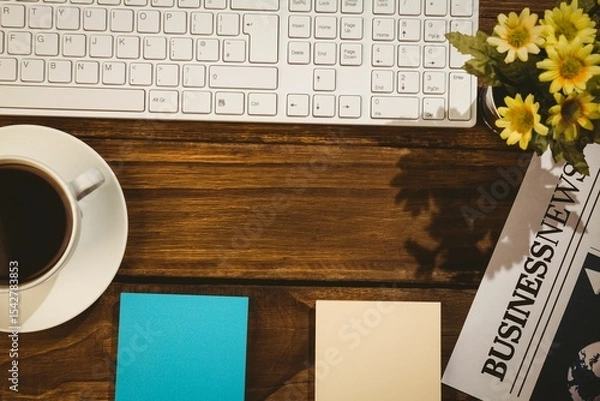 Obraz Directly above view of keyboard and coffee cup with newspaper