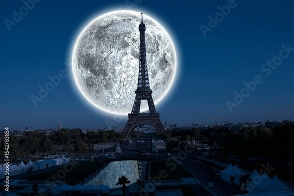 Obraz Digital composite of Large moon over paris
