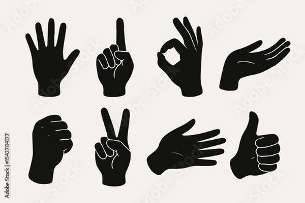 Fototapeta Set Vector Hands silhouettes. Cartoon human hands signs, hand palms gestures flat vector illustration set. Hands signs silhouettes