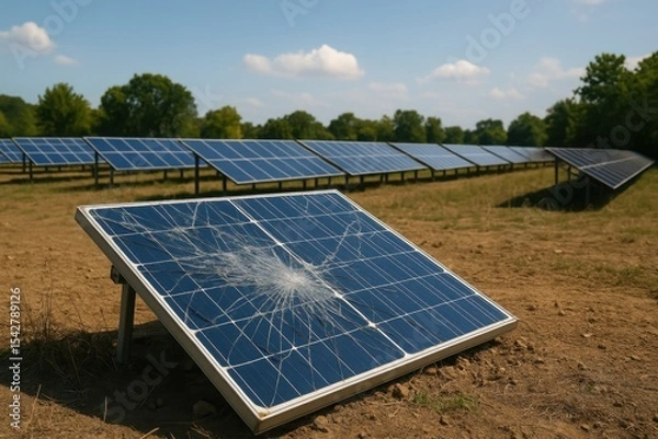 Obraz Damaged Solar Panel in Sunny Field Highlighting Renewable Energy Challenges