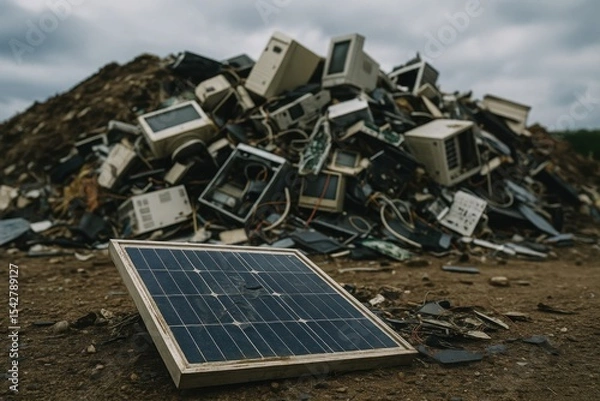 Obraz Damaged Solar Panel in Sunny Field Highlighting Renewable Energy Challenges