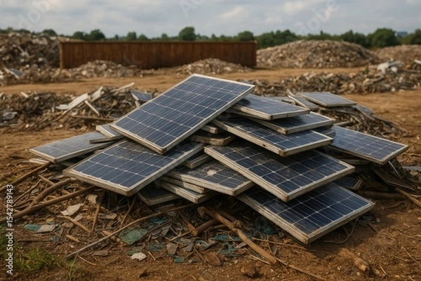 Obraz Discarded Solar Panels in a Landfill Highlighting Environmental Waste Challenges