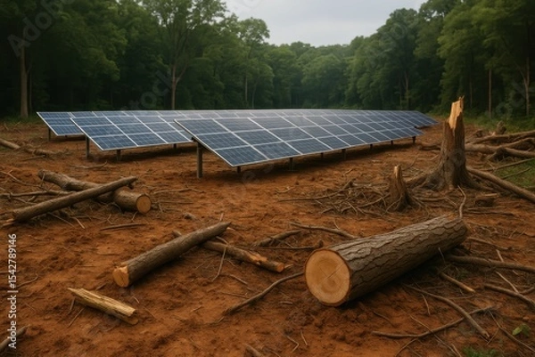Obraz Solar Panels in a Deforested Area Highlighting Renewable Energy and Environmental Impact