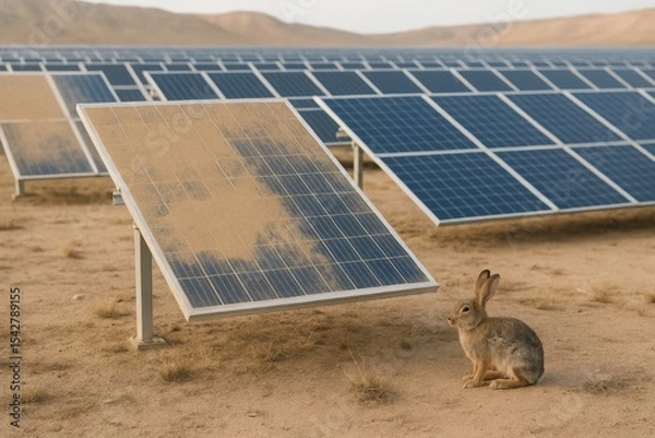 Obraz Desert Rabbit Sitting Beside Dusty Solar Panels in Renewable Energy Farm