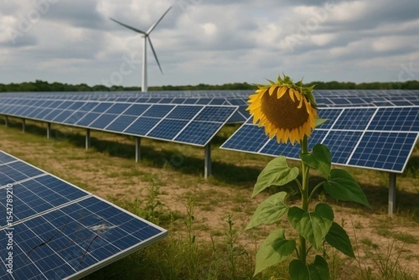 Obraz Sunflower in Front of Solar Panels and Wind Turbine in a Renewable Energy Field