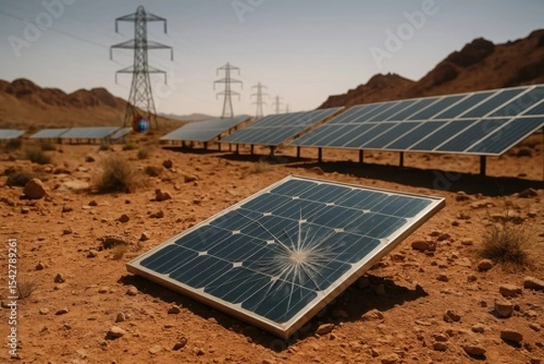Obraz Damaged Solar Panel in Desert Landscape with Power Lines and Solar Farm