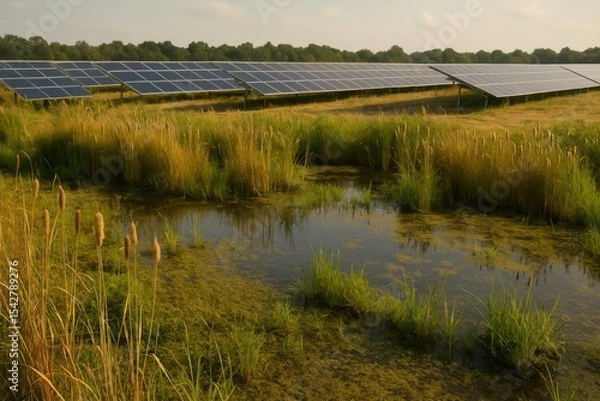 Obraz Solar Panels in a Scenic Wetland Landscape with Tall Grass and Reflection Pond