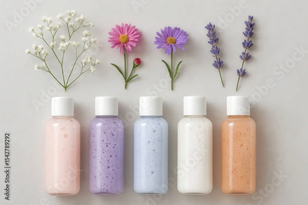 Fototapeta A meticulously arranged flat lay of botanical skincare elements, set against a soft dove-gray textured background