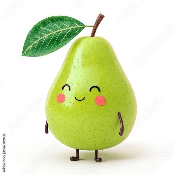 Obraz Cartoon Green Pear Character with Leaf and Cute Smiling Face on White Background