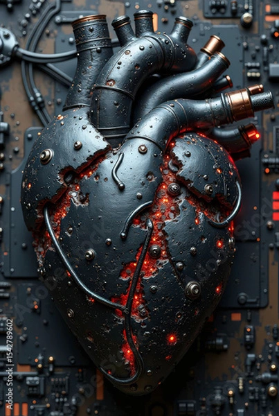 Fototapeta A futuristic, chrome-themed biomechanical heart integrated into a network of shiny silver gears, platinum shafts, and translucent synthetic tubing