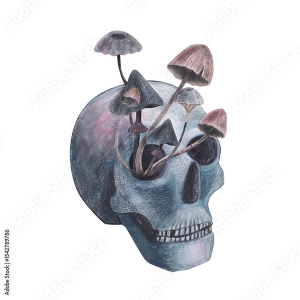 Obraz Scull with mushrooms toadstool in the eye gothic magical texture isolated on white background. Watercolor hand drawn skull illustration. Art for design mystical halloween witch decoration, scary card