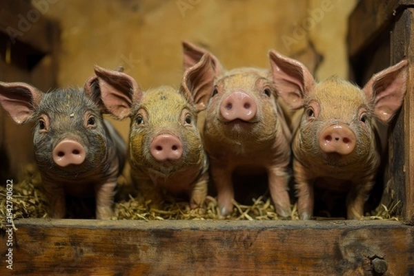 Fototapeta Pigs enjoying a cozy setting in a handmade wooden and tin pen under soft lighting, Pigs in handmade, wooden and tin pen steadicam shot