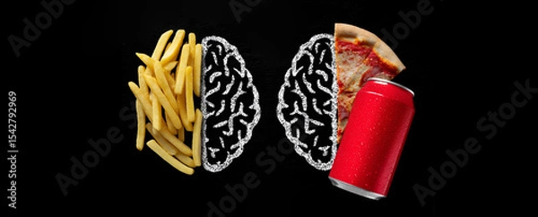 Fototapeta Hand drawn two halfs of human brain and junk food on black background with copy space. Unhealthy food concept. Fast food addiction. 