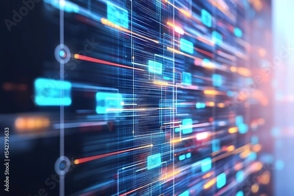 Fototapeta Abstract technology background featuring glowing lines and geometric shapes for data visualization