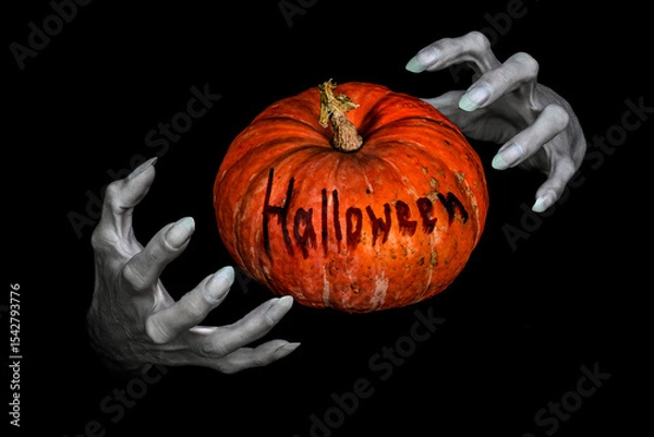 Fototapeta Bony pale monsters hands with sharp nails and pumpkin with lettering Halloween between them, isolated on black.
