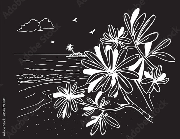Fototapeta seascape beach with tropical tree on black background chalk white line vector sketch
