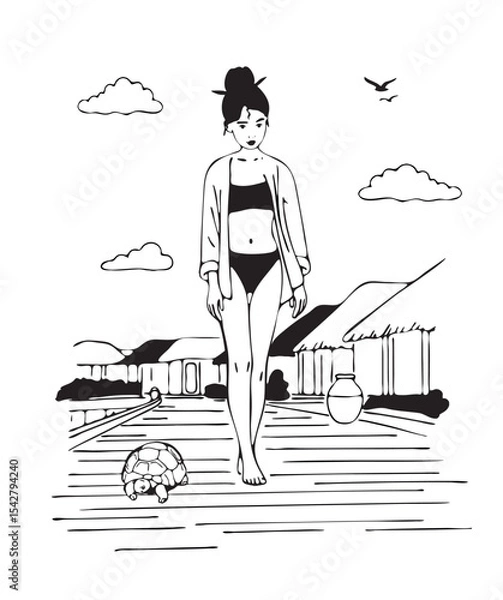 Fototapeta sketch of summer landscape girl in swimsuit vector hand drawing. asian girl at resort vector sketch