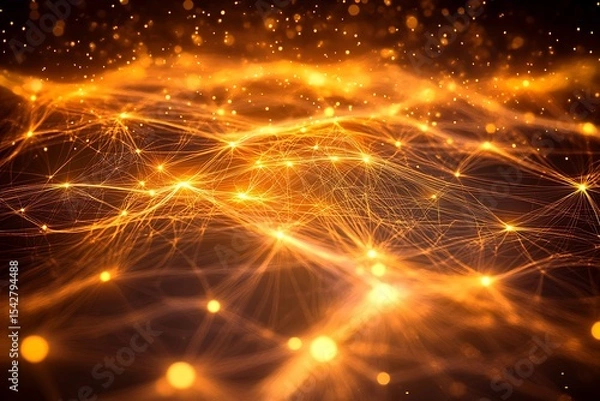 Fototapeta Abstract network connection lines and dots with golden light, technology background illustration