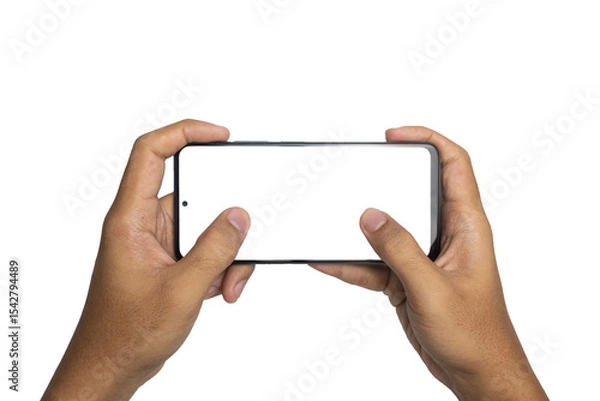 Fototapeta male hand holding smartphone horizontally with blank screen smartphone. gesturing play games on smartphone. isolated on white background. copy space. transparent png