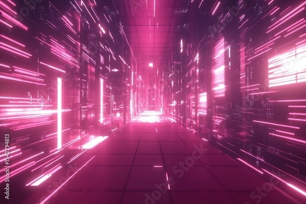Fototapeta Abstract pink neon light corridor, futuristic background with glowing lines, technology tunnel