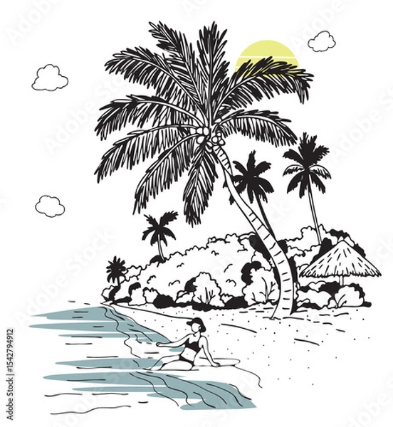 Fototapeta tropical landscape vector sketch. seascape ocean shore with coconut palm tree vector sketch