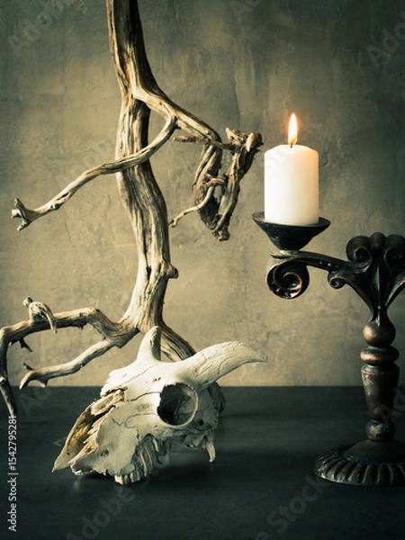 Fototapeta Old goats skull, atmospheric driftwood and vintage candlestick on the table, vertical image.