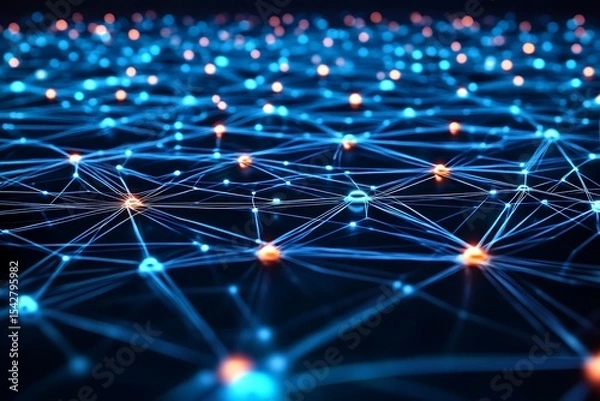 Fototapeta Abstract network connection structure with glowing nodes, data transmission and technology concept