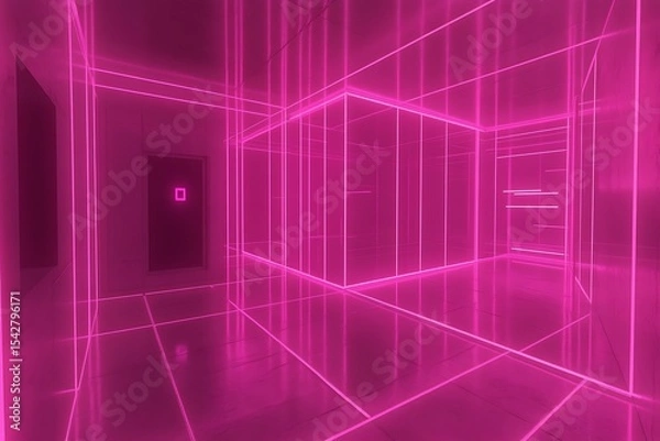 Fototapeta Abstract pink neon hallway with door in futuristic design for digital background and wallpaper
