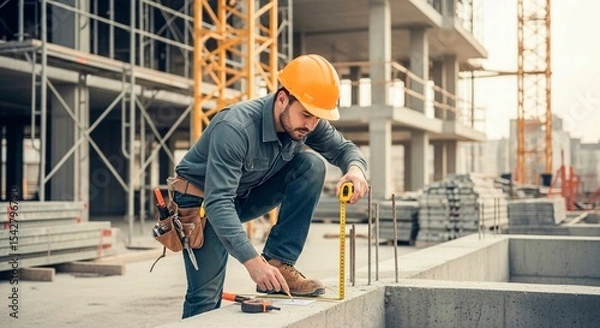 Fototapeta Construction worker measuring concrete foundation with tape measure at construction site carefully working