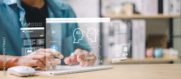 Fototapeta Person using AI chat interface with virtual screen displaying chatbot, content generator, user login, and data tools. Concept of artificial intelligence and productivity.