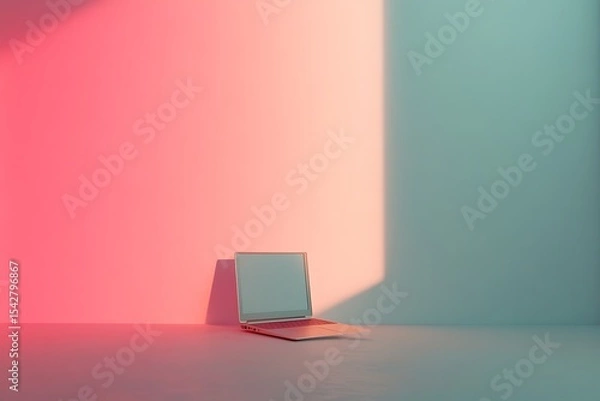 Fototapeta Laptop in colorful interior space, minimalist design for technology and productivity. Modern workspace