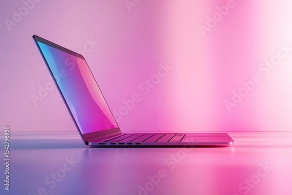 Fototapeta Modern laptop with vibrant screen on pink background for technology and business use