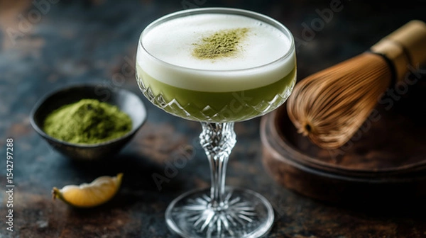 Fototapeta Non-alcoholic matcha mocktail in a crystal goblet, topped with a frothy layer and matcha dust garnish, blending sparkling water for a sophisticated green drink. Image made using Generative AI