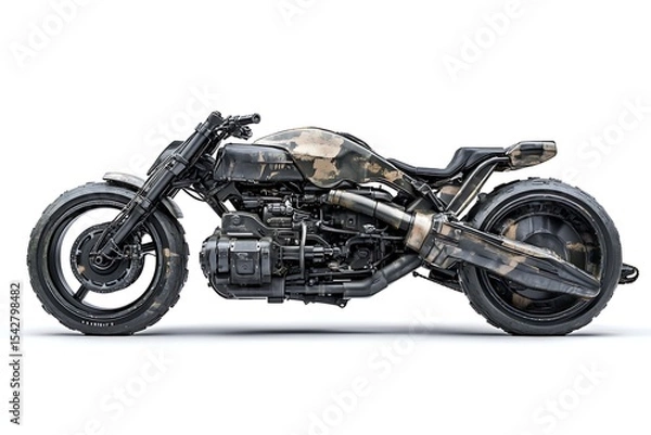 Fototapeta Futuristic motorcycle concept with intricate mechanical design and camouflage finish for advanced transport