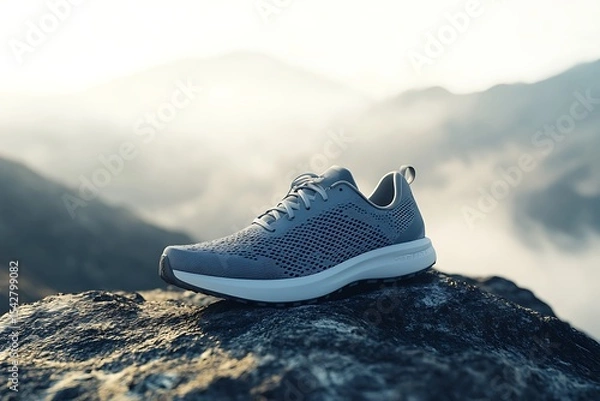 Fototapeta Athletic shoe displayed on a rock with mountain backdrop for outdoor activities and adventures