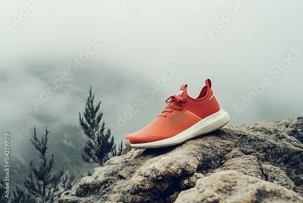 Fototapeta Orange running shoe on a rock against a misty mountain backdrop for active lifestyle promotion