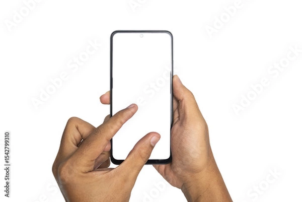 Fototapeta male hand holding and zooming or pinching smartphone with blank screen smartphone. isolated on white background. copy space. transparent png