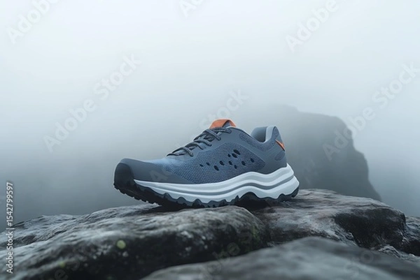 Fototapeta Trail running shoe on a rock with misty mountain background for outdoor adventures