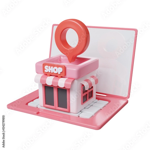 Fototapeta Local shop navigation design with a playful storefront and map marker. 3D render illustration