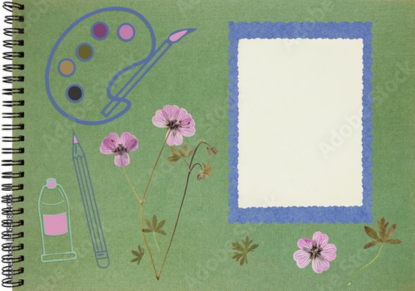 Fototapeta Scrapbook composition with flowers elements, brush, palette, pencil, tube and photo frame. Page for stories. Layout photo album with empty photo frames. Page from an old photo album. Flowers geranium.