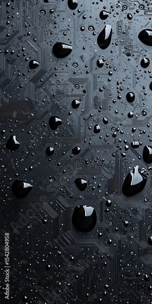 Fototapeta Water droplets on a dark, patterned surface