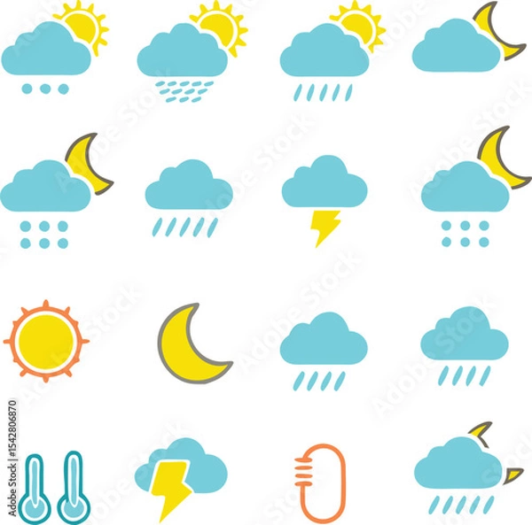 Fototapeta Set of weather icons set. Flat vector symbols on white background.