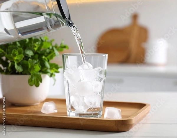 Obraz 얼음이 들어있는 투명컵에 생수를 따르는 모습 Pouring water into a clear cup with ice
