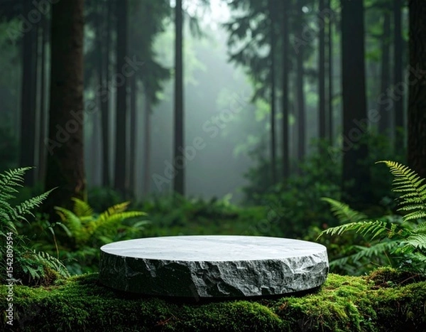 Obraz Circular Stone Platform Amidst Lush Green Forest With Misty Sunlight