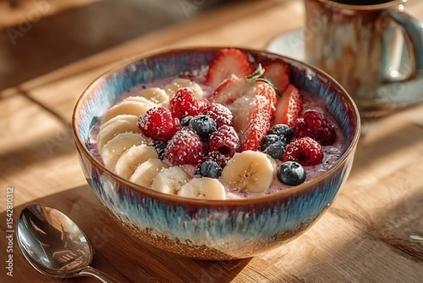 Fototapeta A colorful bowl of smoothie, topped with mixed berries and banana slices, sits on an elegant wooden table in the morning sunlight.