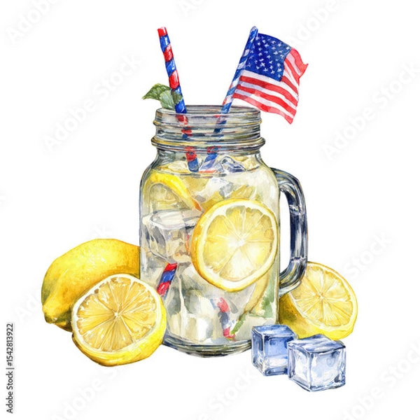 Fototapeta Refreshing Lemonade in a Mason Jar with American Flag Patriotic Summer Drink, transparent background