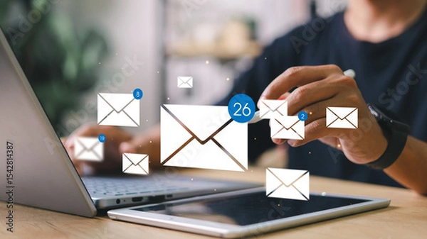 Fototapeta Person checking email icons floating above. Concept of digital communication, mobile inbox, real-time notification, and online message system.